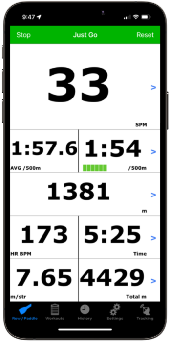 Shows the high-contrast version of the row/paddle screen for use in bright sunlight.